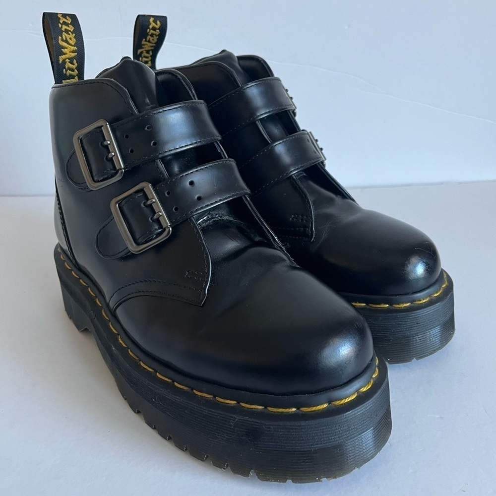 Dr Martens Black Leather Platform Boots Womens Size 8 Devon Buckles